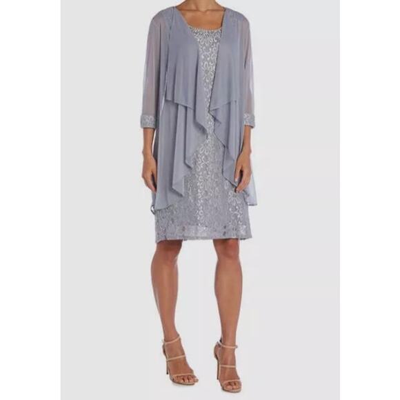 NEW R&M Richards Dress Set Size 8 Gray Cascading 3/4 Sleeve Lace Jacket Cardigan - Picture 1 of 16
